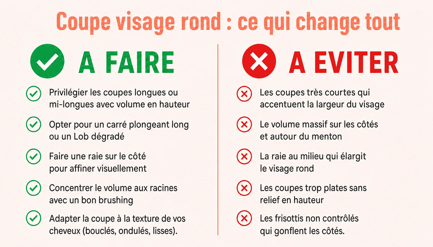 Infographie affiner coupe de cheveux visage rond et gros double menton : à faire et à éviter