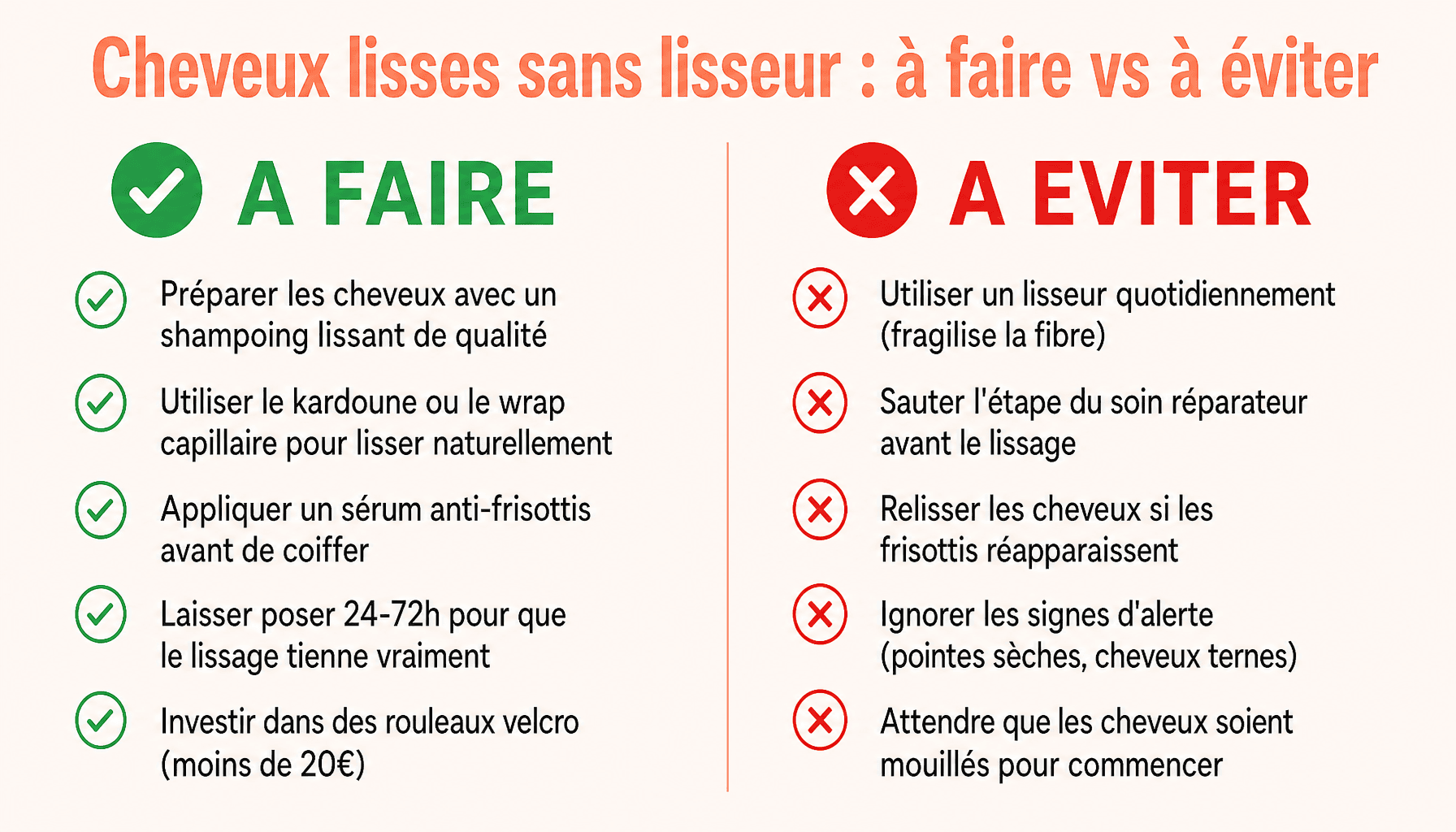 Infographie comment avoir les cheveux lisse sans les lisser : bonnes et mauvaises pratiques