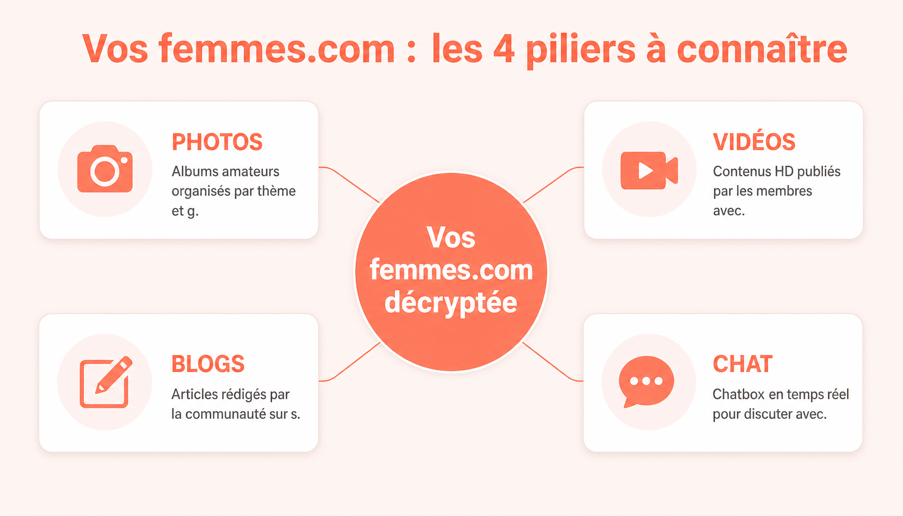 Infographie des 4 piliers de vos femmes.com : photos, vidéos, blogs et chat communautaire