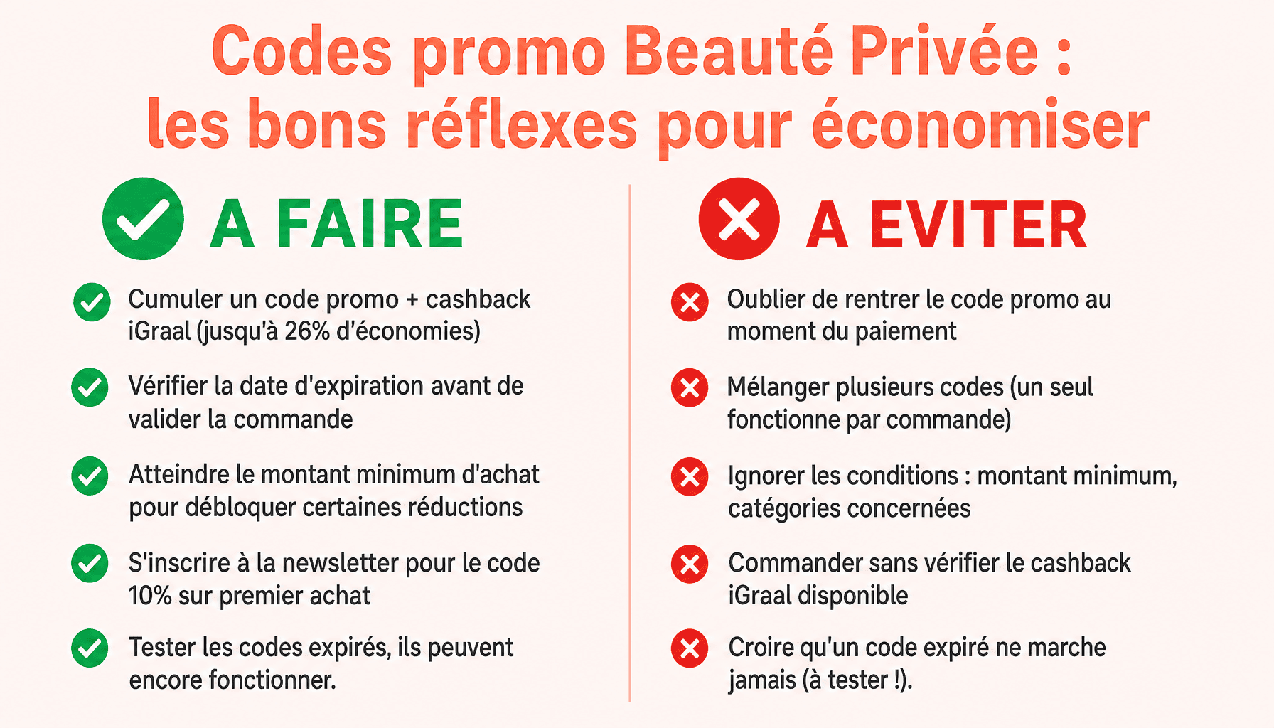 Infographie codes promo beauté privée : à faire et à éviter pour maximiser réductions