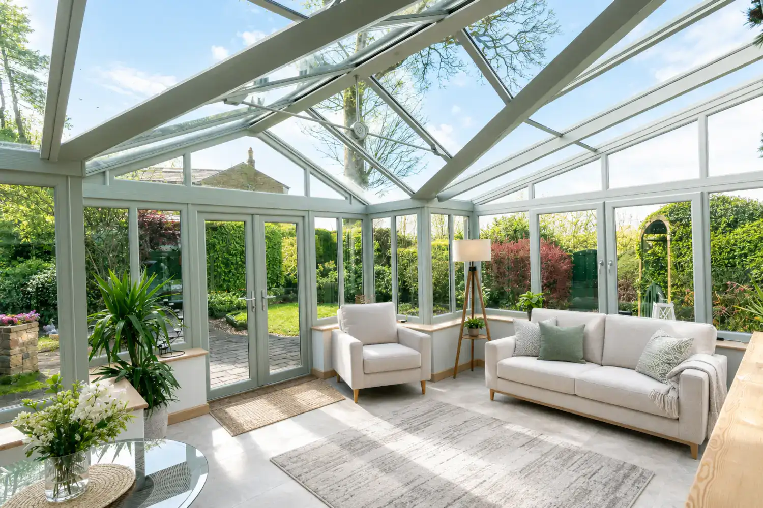 Combination conservatory with modern furniture, glazed roof and bright summer garden views.