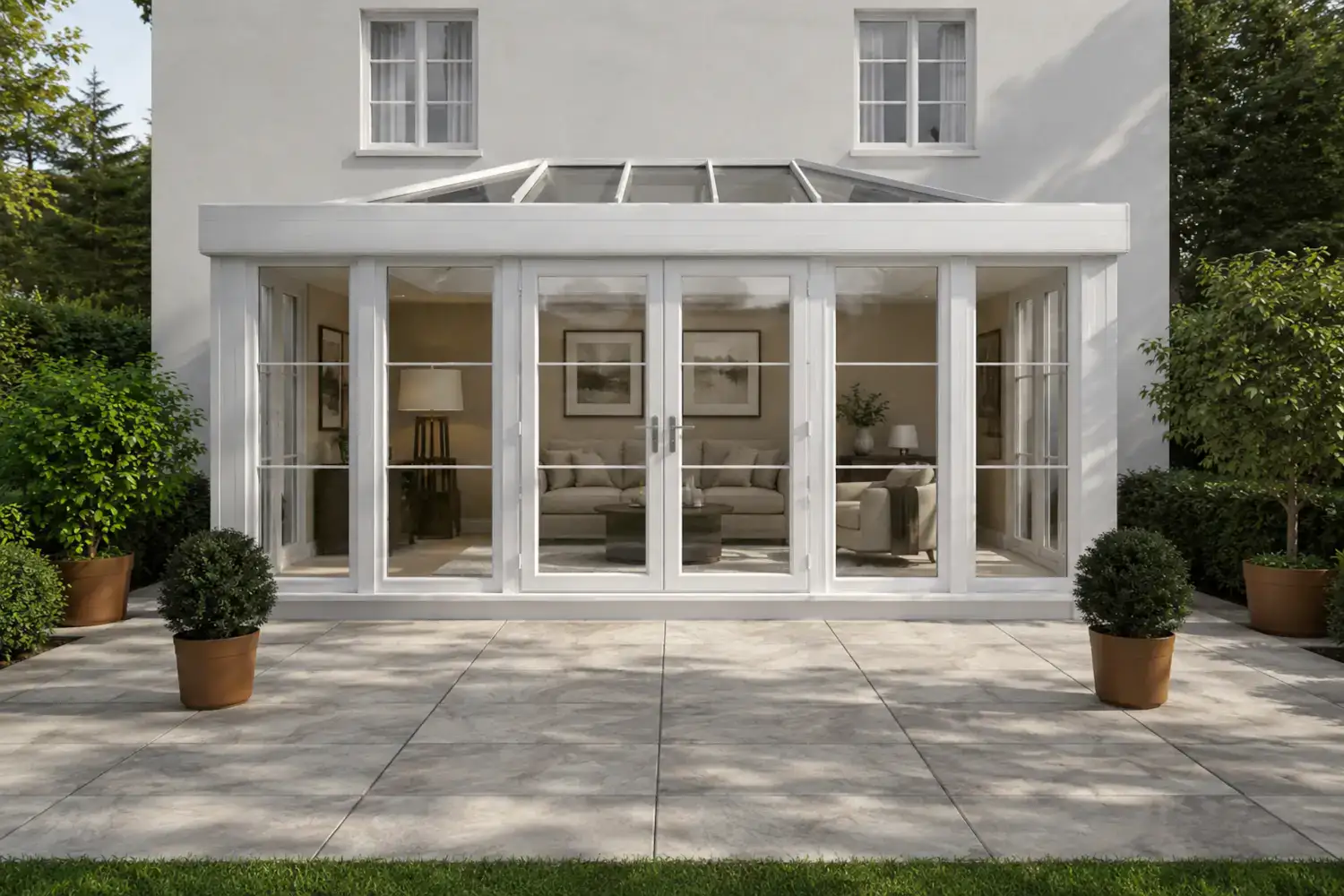 Conservatory with white frames, glazed roof, French doors and a bright furnished living space opening onto a patio.