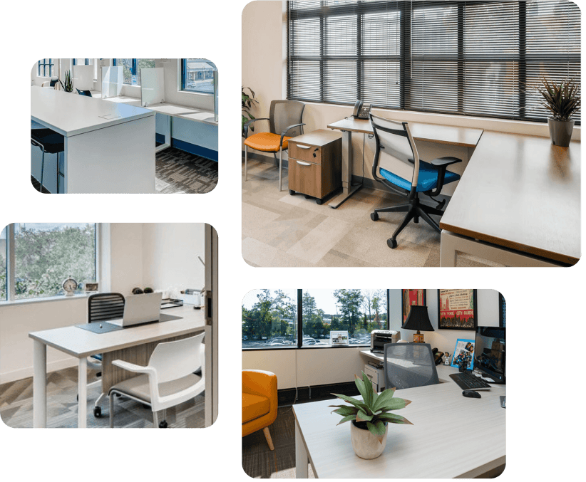 Modern private office spaces with ergonomic furniture and abundant natural light for productivity and comfort.