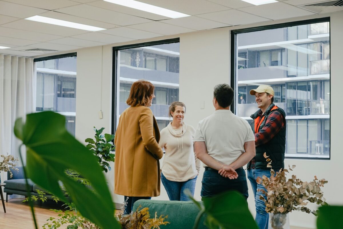 Expats connecting in a building