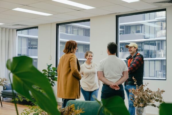 Expats connecting in a building