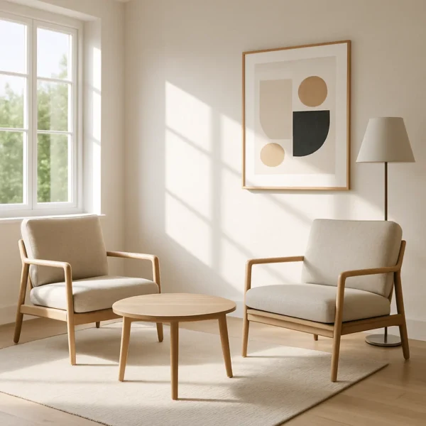 Das Bild zeigt einen hellen Therapieraum mit zwei Sesseln und einem Tisch. Ideal für Paartherapie, Paarberatung und Sexualtherapie geeignet