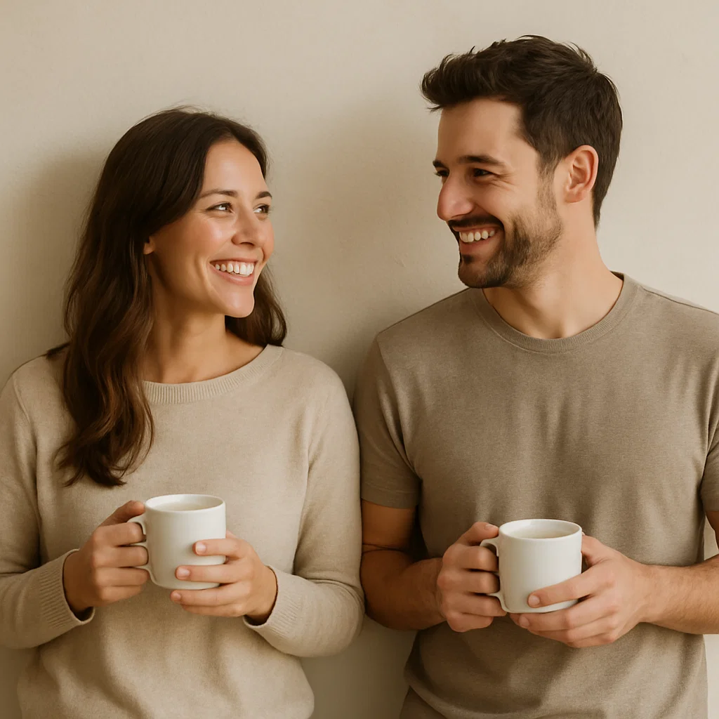 Ein Paar steht nebeneinander, beide lächeln sich herzlich an und halten eine Tasse in der Hand. Die warme Atmosphäre und der offene Blickkontakt symbolisieren Verbundenheit, Vertrauen und gelungene Kommunikation – zentrale Themen in der Paartherapie.
