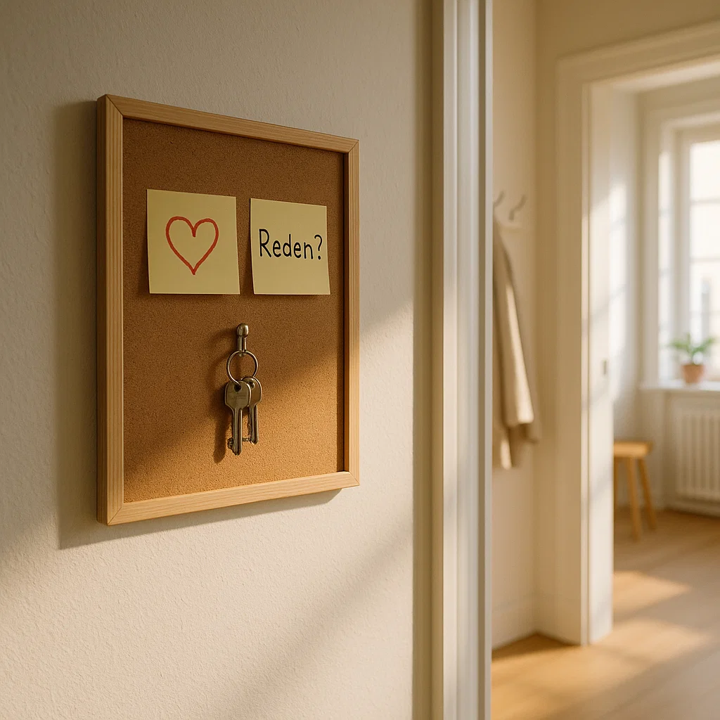 Zettel mit Herz und dem Wort „Reden?“ nebeneinander auf Pinnwand – symbolisieren den ersten Schritt zu neuer Kommunikation in der Paarbeziehung, kleine Impulse mit großer Wirkung im Alltag.