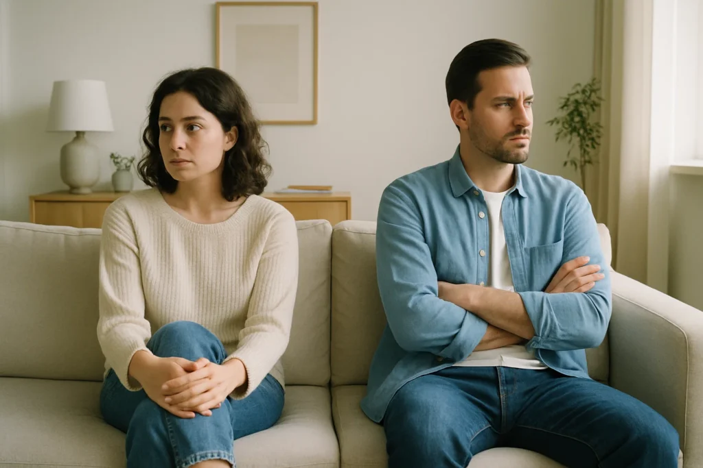 Ein Paar sitzt nebeneinander auf einem Sofa – sichtbar distanziert, ohne Blickkontakt