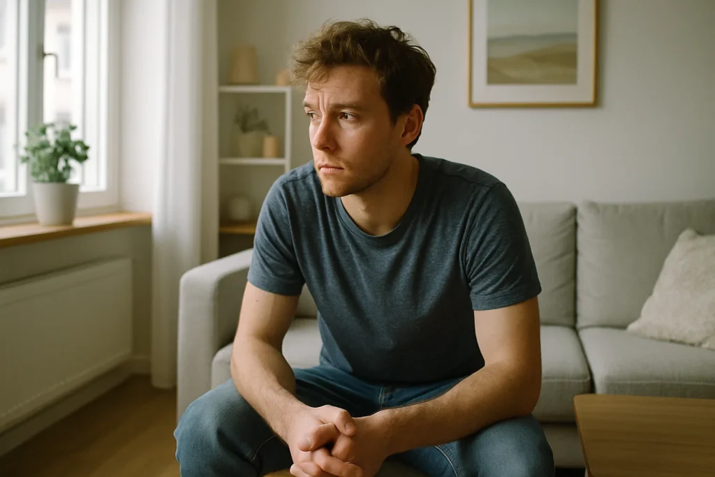 Eine Person sitzt nachdenklich auf einem Sofa – Symbol für innere Zerrissenheit bei Bindungsangst.
