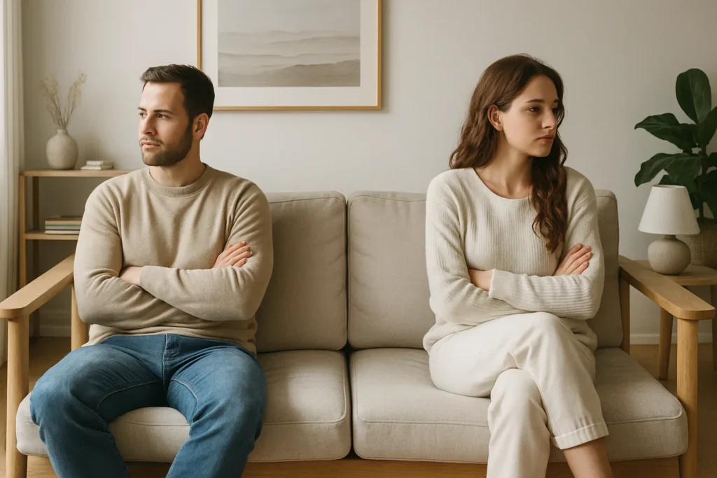 Paar sitzt distanziert auf dem Sofa – stille Konfliktspannung