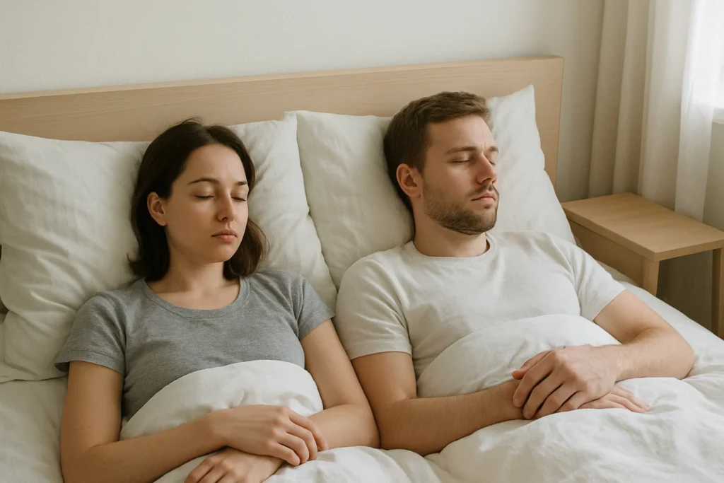 Paar liegt nebeneinander, emotionale Distanz trotz körperlicher Nähe