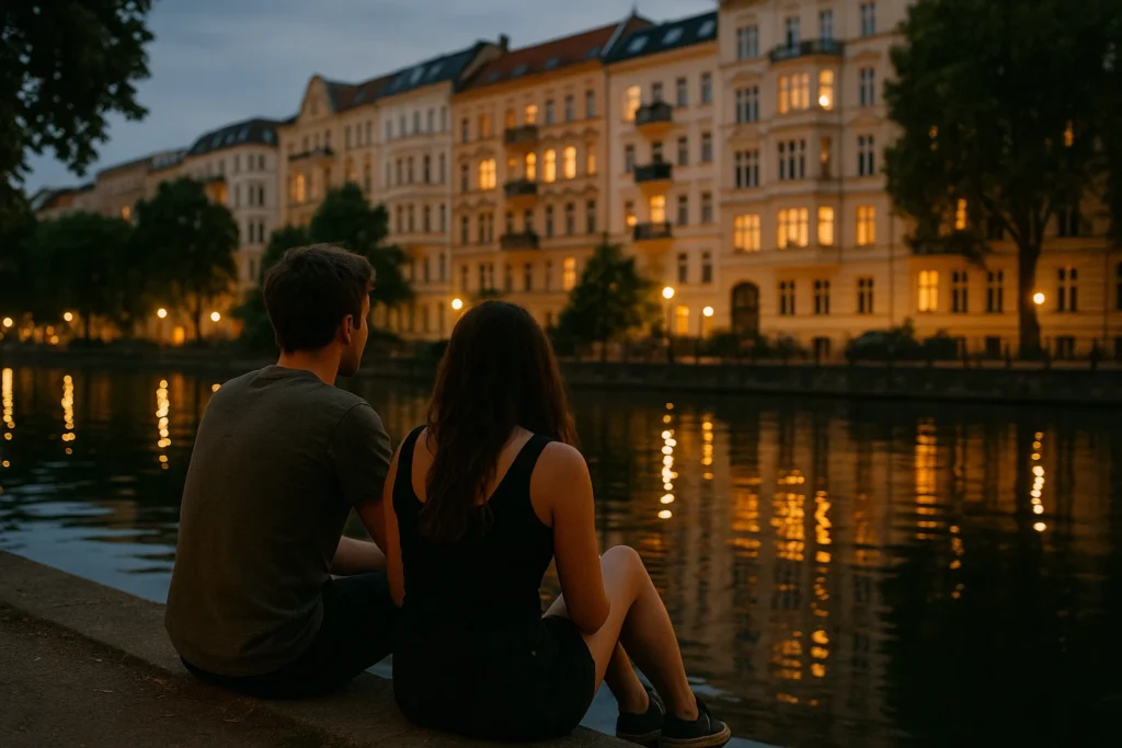 Ein Paar sitzt an einem warmen Sommerabend am Ufer des Landwehrkanals, im Hintergrund Berliner Altbauten und gelbe Lichter spiegeln sich im Wasser, entspannte Atmosphäre, urbaner Charme.