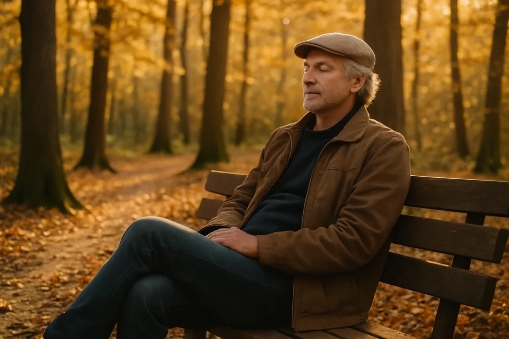 Eine Person sitzt entspannt auf einer Parkbank im Grunewald, goldenes Herbstlicht fällt durch die Bäume. - sybolisch für die Stärkung der resilienz