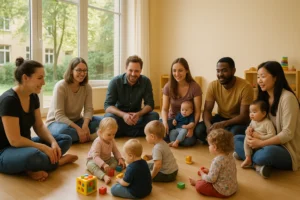Bild einer Eltern-Kind-Gruppe in einem hellen Berliner Familienzentrum. Mehrere Mütter und Väter sitzen im Kreis, Kinder spielen in der Mitte. Große Fenster mit Blick auf einen grünen Innenhof, freundliche, warme Atmosphäre.