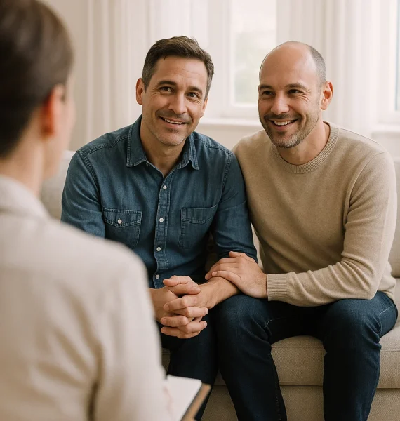 Paarcoaching Zwei Männer sitzen einander zugewandt auf einem Sofa und blicken lächelnd in Richtung einer Beraterin, die ihnen gegenübersitzt. Ihre Körpersprache wirkt offen und wertschätzend – das Bild vermittelt Vertrauen, Partnerschaft auf Augenhöhe und die Bereitschaft zur gemeinsamen Weiterentwicklung im Paarcoaching.