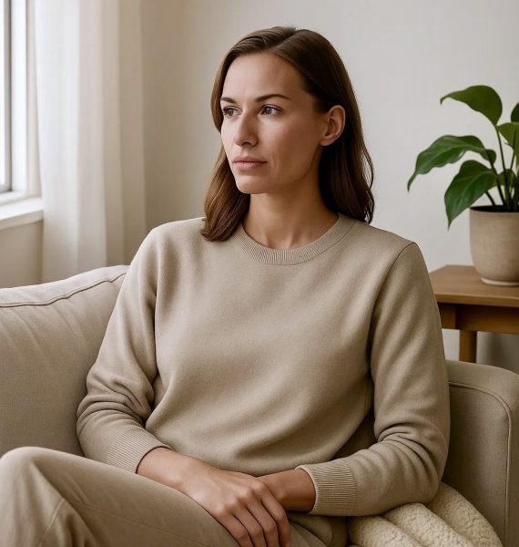 Trennungsberatung2 Frau sitzt ruhig auf einem Sofa und blickt gedankenversunken aus dem Fenster. Ihre Körperhaltung ist aufrecht, ihr Blick nach innen gerichtet. Das Bild symbolisiert einen Moment der Selbstreflexion – typisch für den Beginn einer Trennungsverarbeitung.