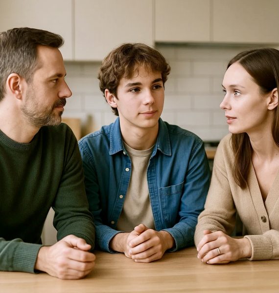 Familientherapie2 Jugendlicher sitzt mit seinen Eltern an einem Küchentisch. Alle drei blicken sich aufmerksam an, die Eltern wirken verständnisvoll und zugewandt. Die Szene vermittelt ein ernsthaftes, aber konstruktives Gespräch – typisch für eine Familienberatung mit Jugendlichen.