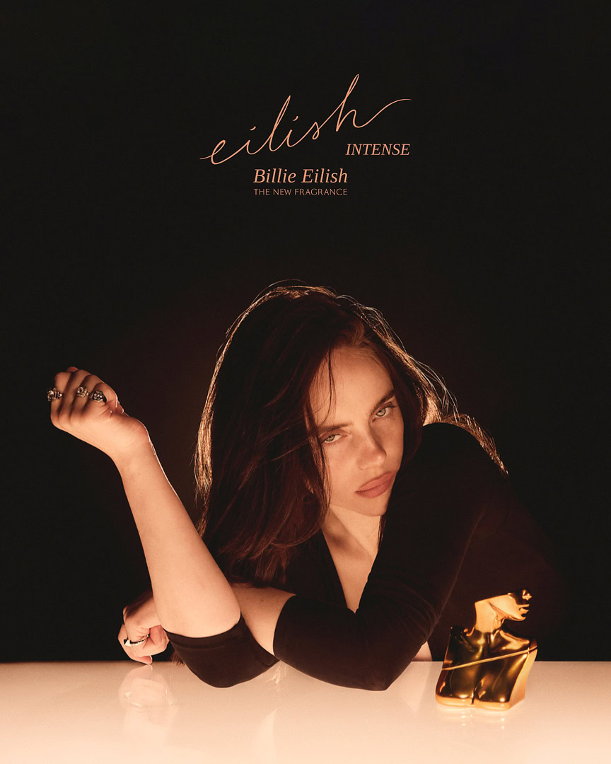 Billie Eilish presents Eilish Intense Amber Gourmand Eau de Parfum in its reflective gold sculptural bottle