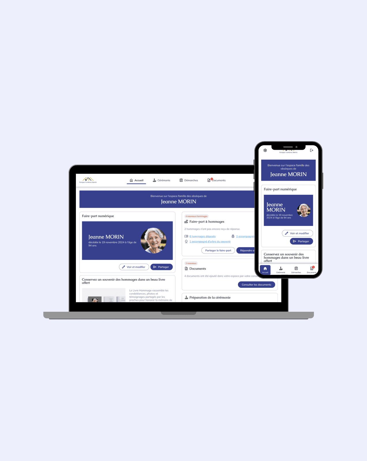 Interface de l'espace famille