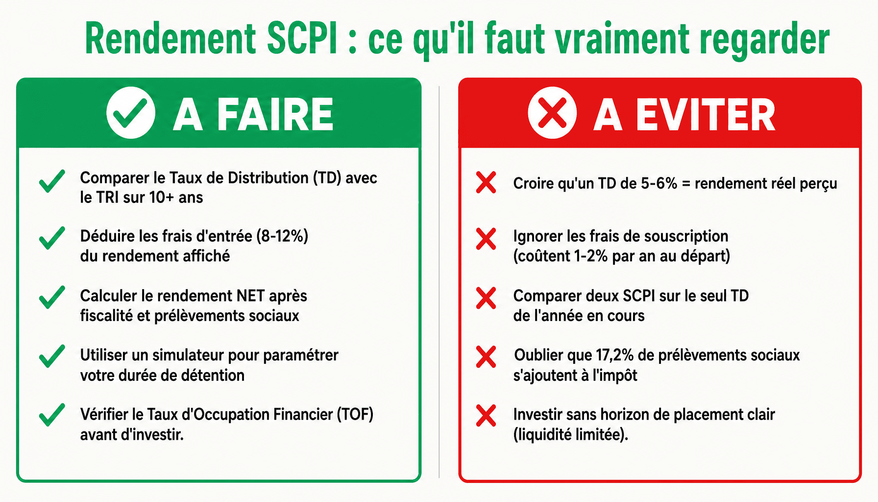 Infographie calcul rendement SCPI atf-conseil-finance.fr : bonnes et mauvaises pratiques pour évaluer une SCPI