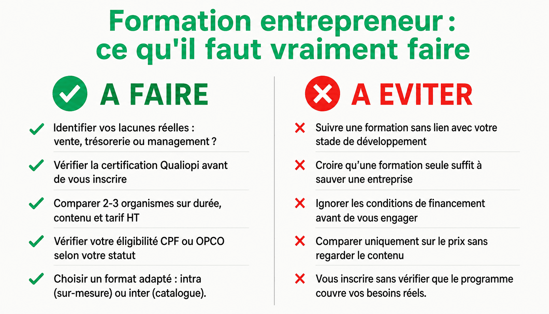 Infographie formation entrepreneur frenchy-business-pro.fr : bonnes pratiques et erreurs à éviter