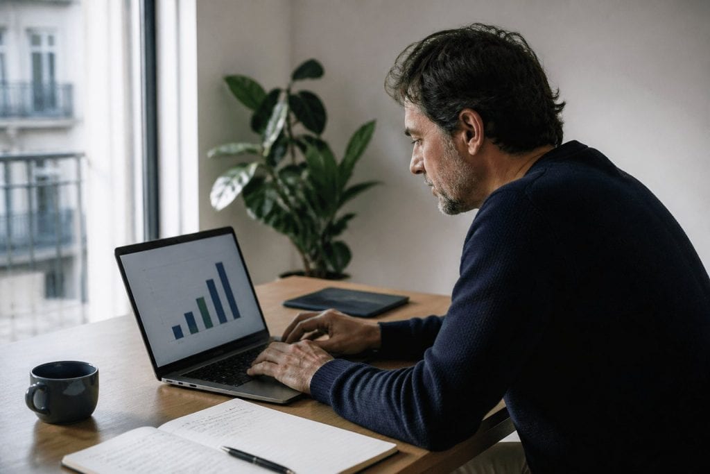 Dirigeant de TPE au travail à son bureau, tableau de bord de gestion ouvert sur son ordinateur portable