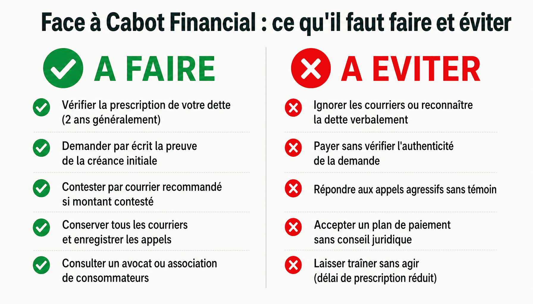 Infographie des droits et erreurs à éviter face aux relances de Cabot Financial France