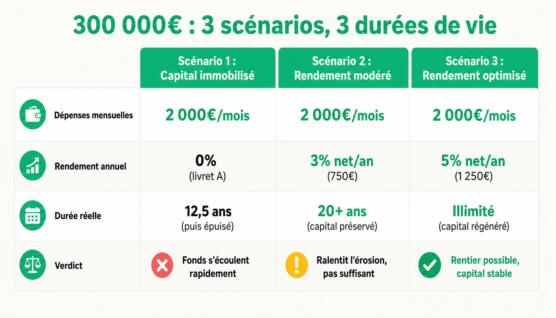 Comparaison de 3 scénarios pour vivre avec 300 000 euros : sans placement, avec 3% rendement, avec 5% rendement