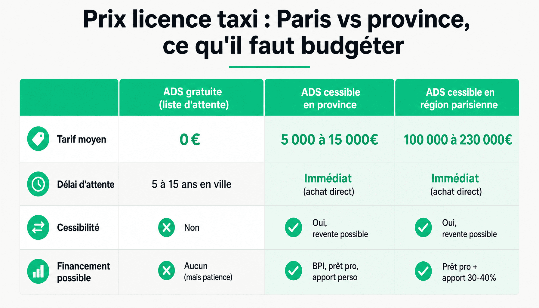 Comparaison des prix licence taxi ADS par région en 2026 : tarifs Paris, province, délais et financement disponible