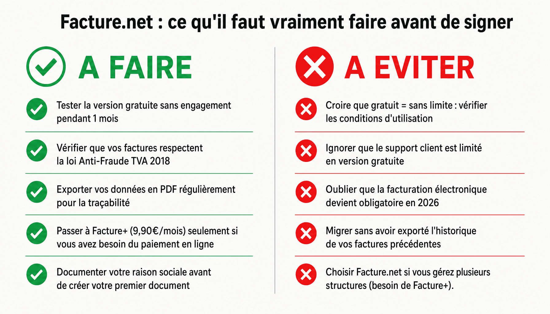 Infographie des bonnes pratiques et pièges à éviter avec facture.net pour freelances et TPE