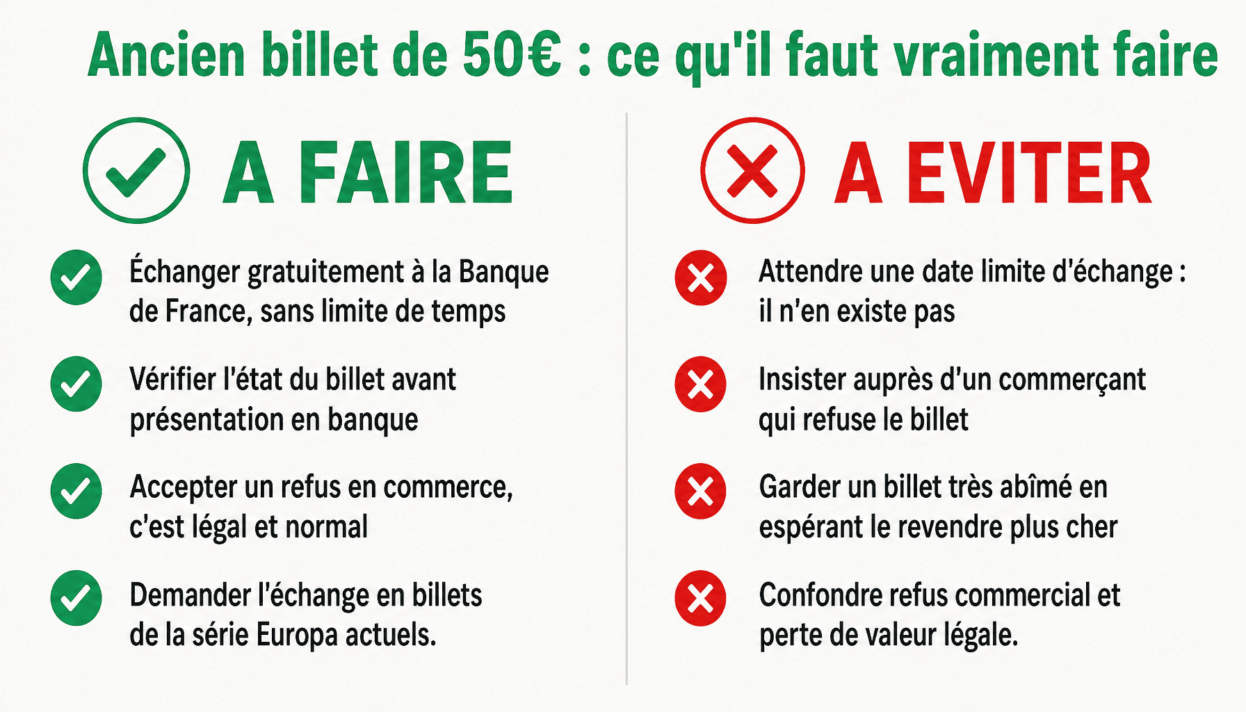 Infographie ancien billet de 50 euros : bonnes pratiques et erreurs à éviter pour l'échange