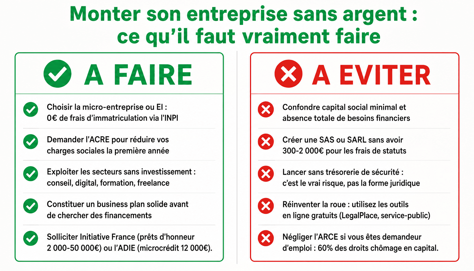 Infographie comment monter son entreprise sans argent : bonnes pratiques et erreurs à éviter