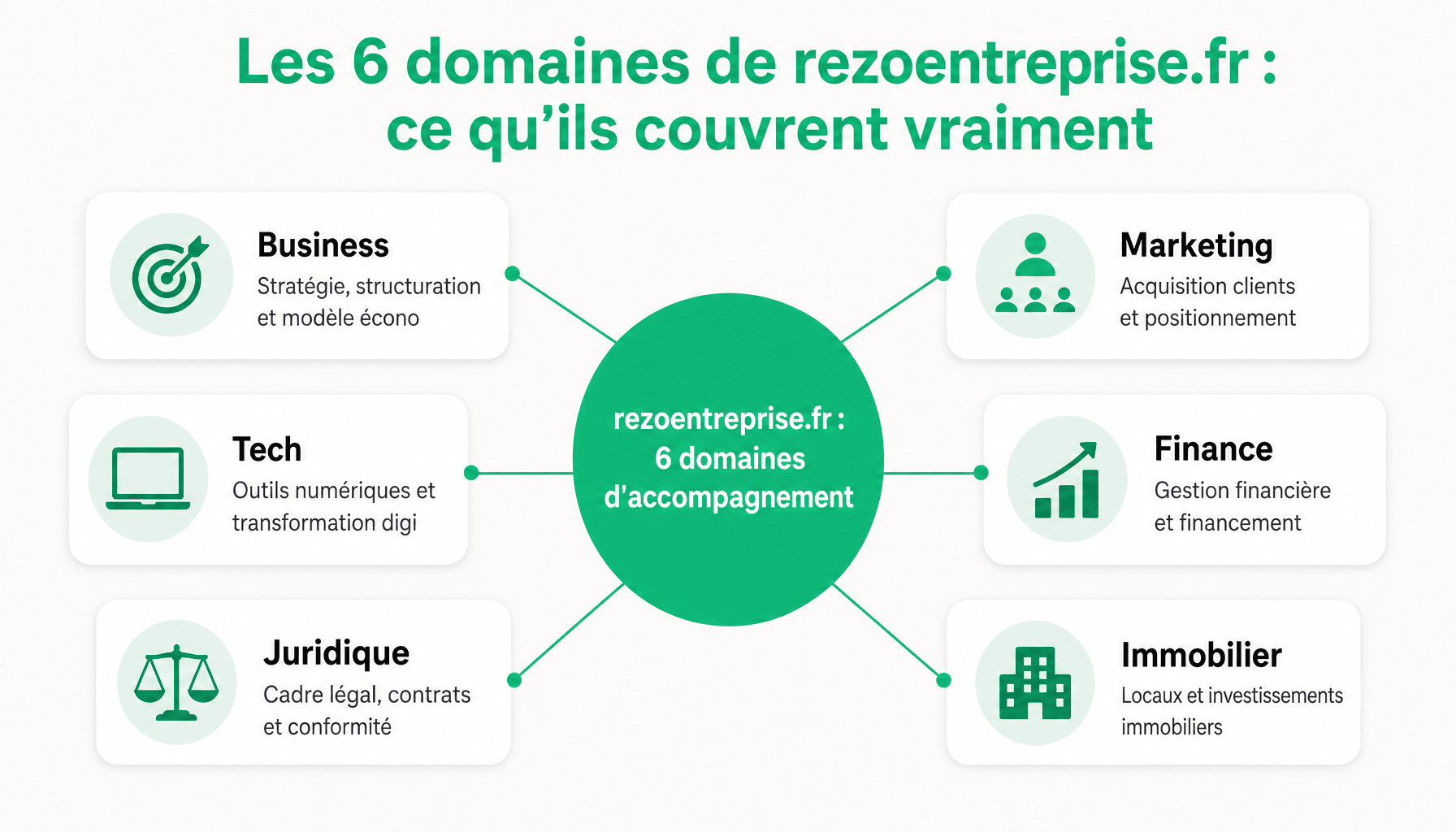 Infographie des 6 domaines d'expertise de rezoentreprise.fr pour entrepreneurs TPE PME