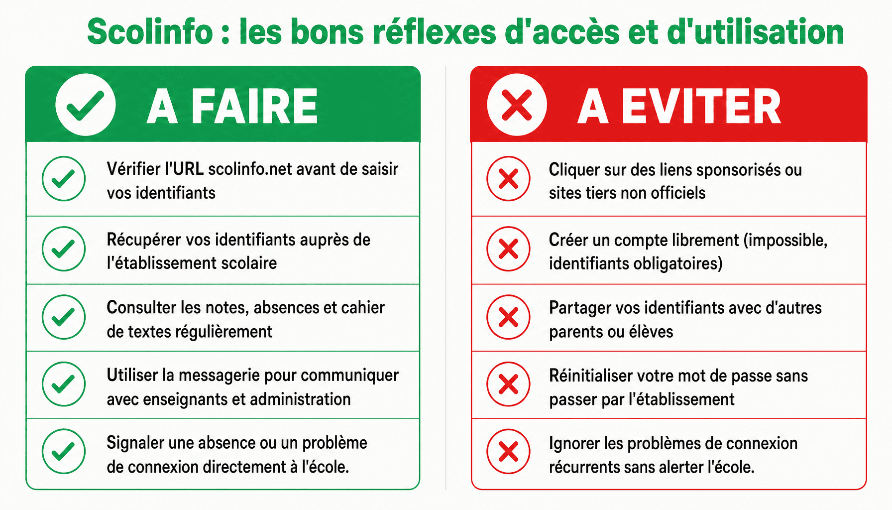 Infographie des bonnes pratiques et erreurs courantes pour accéder au scolinfo site officiel et l'utiliser en toute sécurité