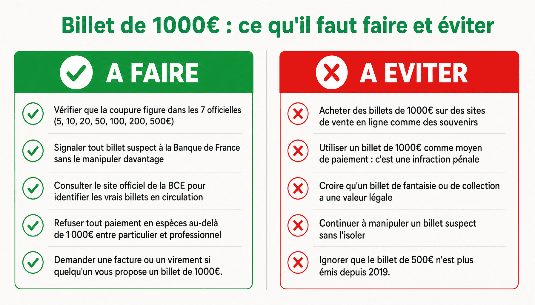 Infographie dos et don'ts pour identifier un faux billet de 1000 euros et éviter les arnaques