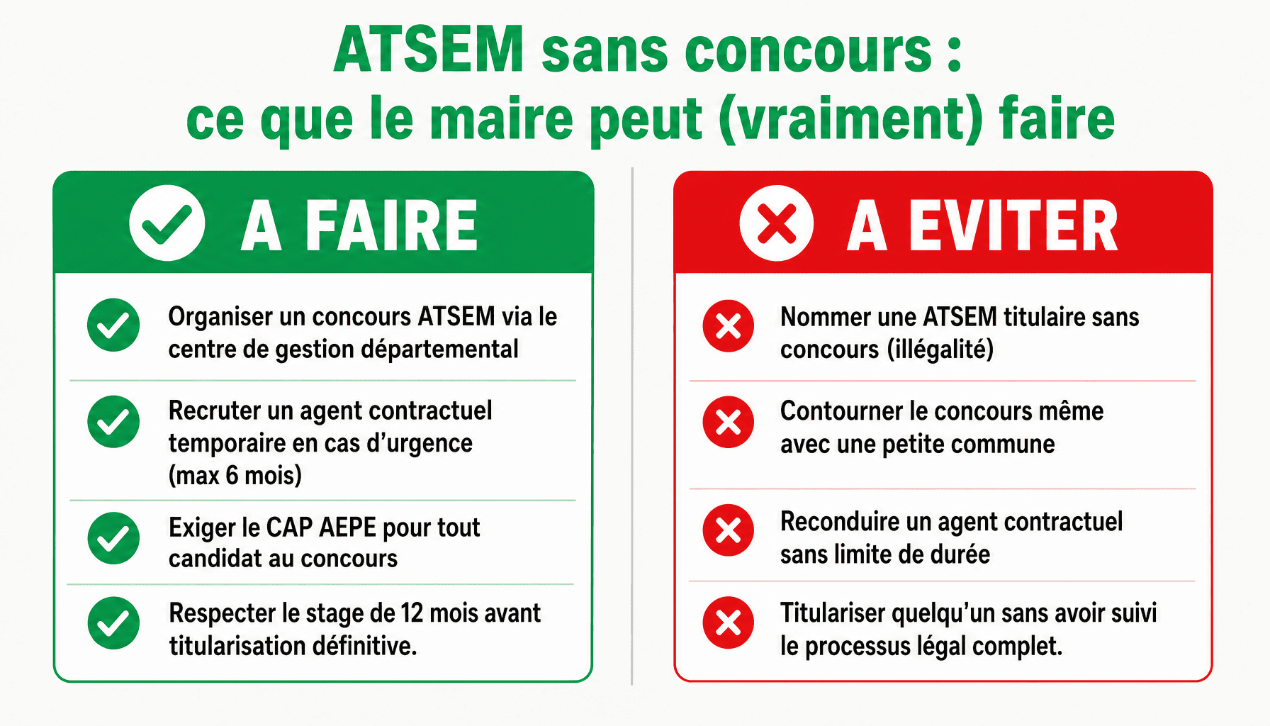 Infographie : le maire peut-il nommer une ATSEM sans concours - obligations légales et risques