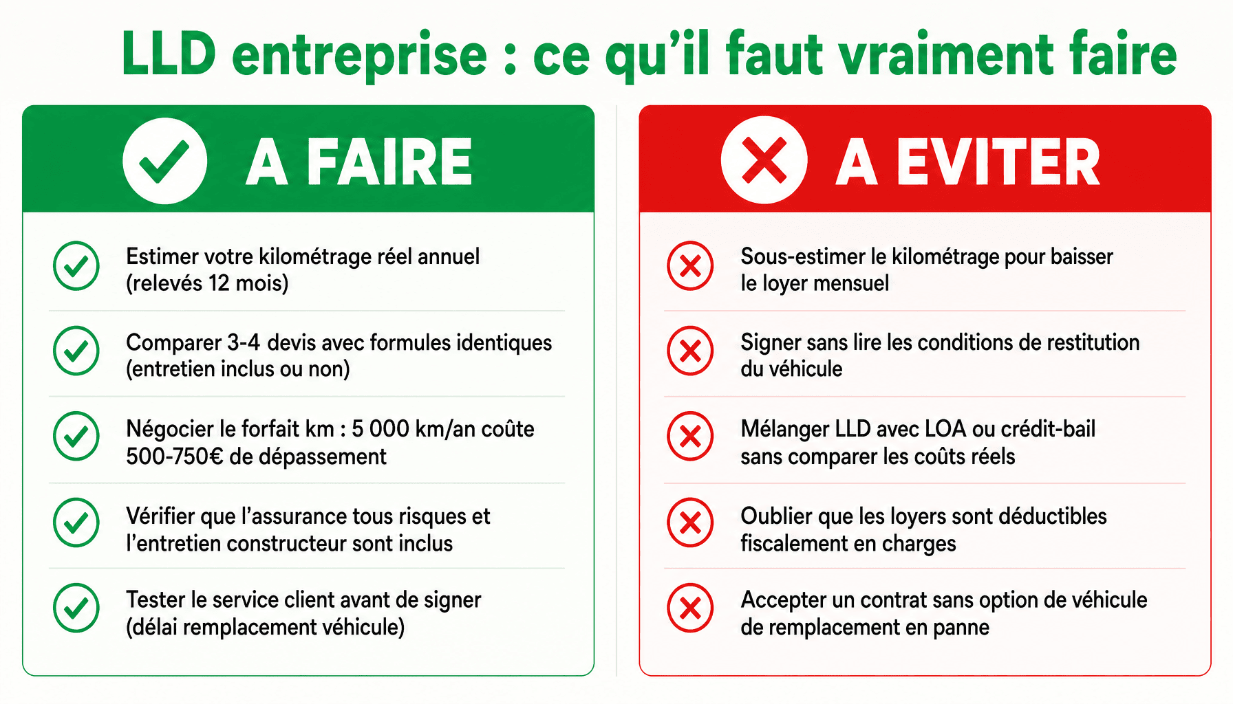 Infographie location voiture entreprise longue durée : bonnes pratiques vs erreurs courantes