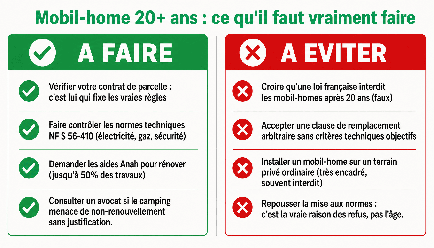 Infographie loi sur les mobil-home de plus de 20 ans : bonnes et mauvaises pratiques pour propriétaires