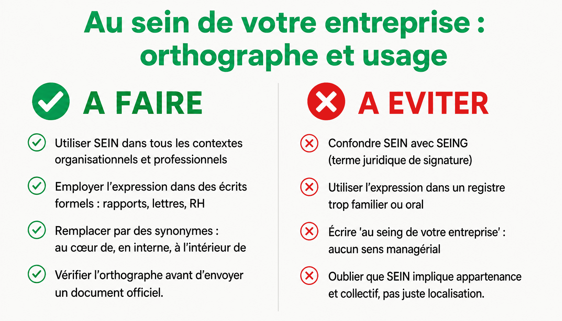 Infographie sur l'orthographe correcte de 'au sein de votre entreprise' : sein vs seing, registre soutenu, synonymes et contextes professionnels