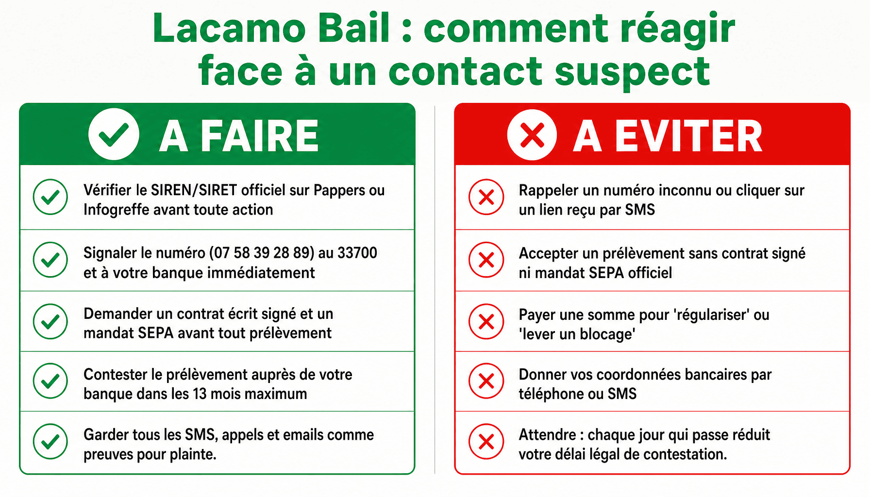 Infographie des bons réflexes et pièges à éviter face à lacamo bail arnaque SMS prélèvement