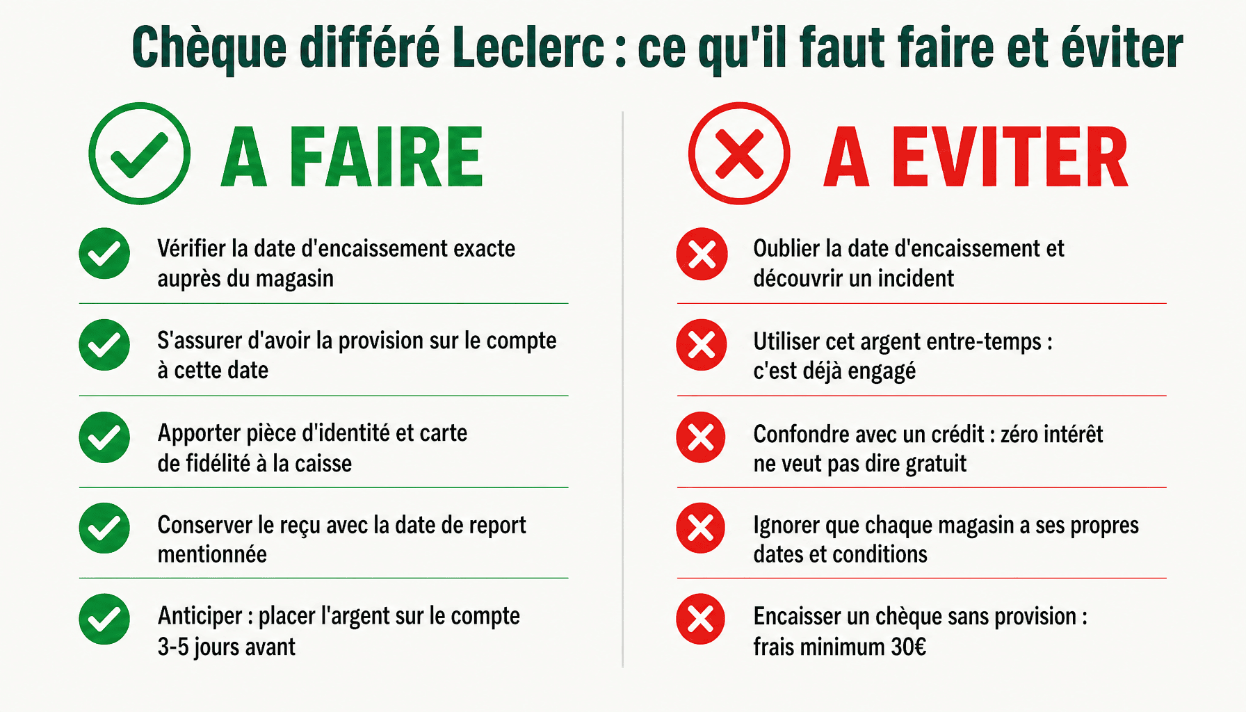 Infographie leclerc chèque différé : bonnes pratiques et erreurs à éviter pour éviter les frais bancaires
