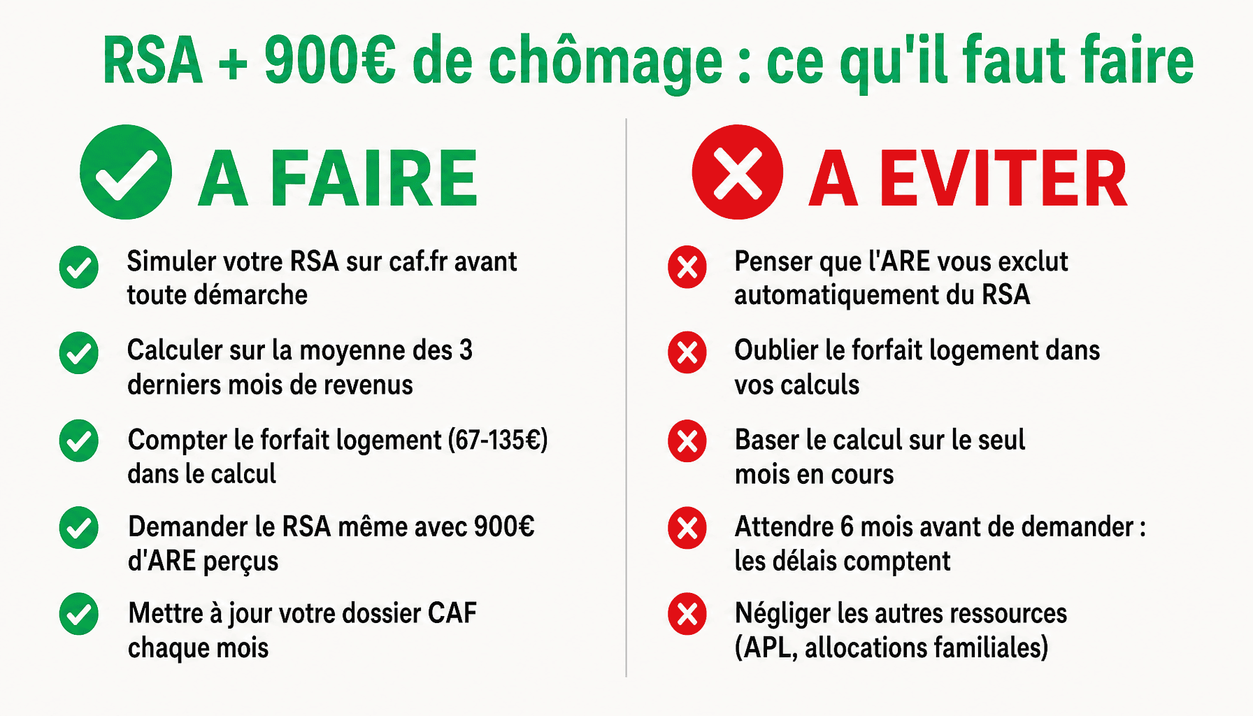 Infographie RSA avec 900 euros de chômage : bonnes pratiques et erreurs à éviter pour demandeurs d'emploi