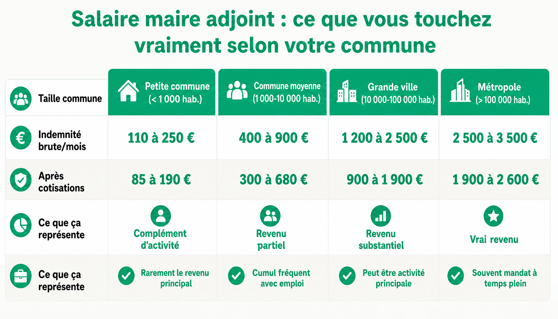 Tableau comparatif : combien gagne un maire adjoint selon la taille de la commune, de 110€ à 3000€ brut mensuel