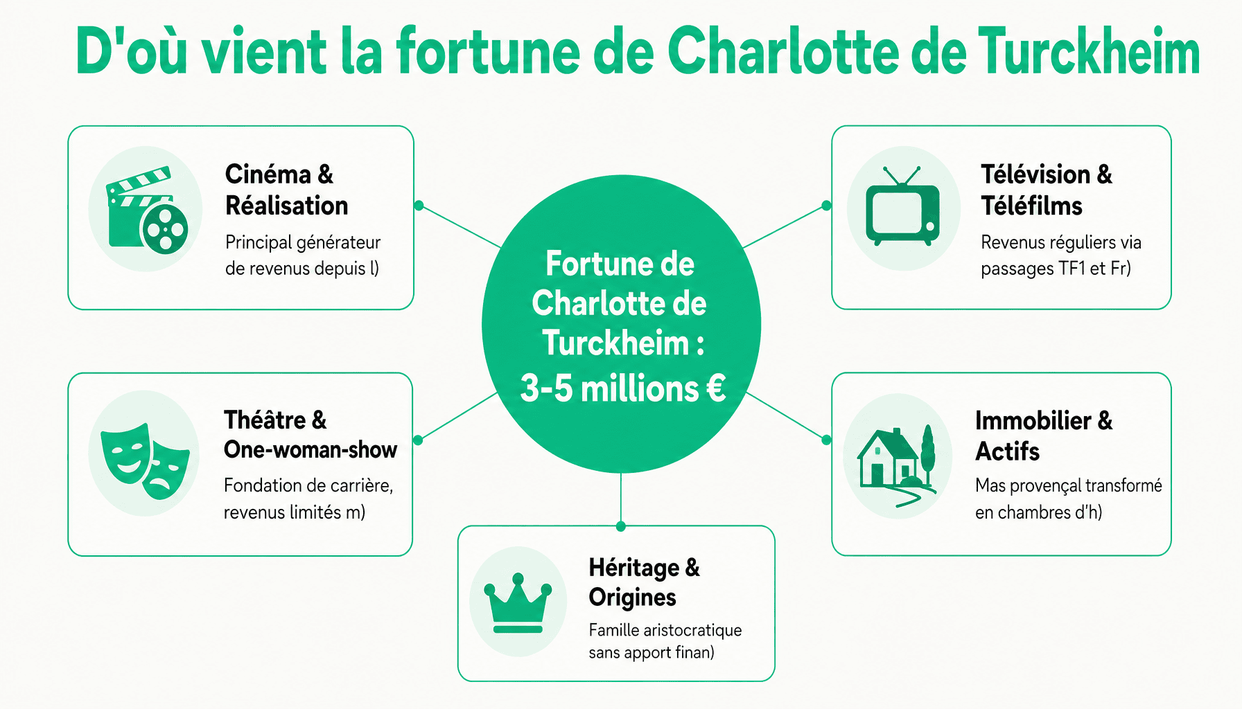 Décomposition des sources de revenus et patrimoine de Charlotte de Turckheim, actrice française, estimé entre 3 et 5 millions d'euros