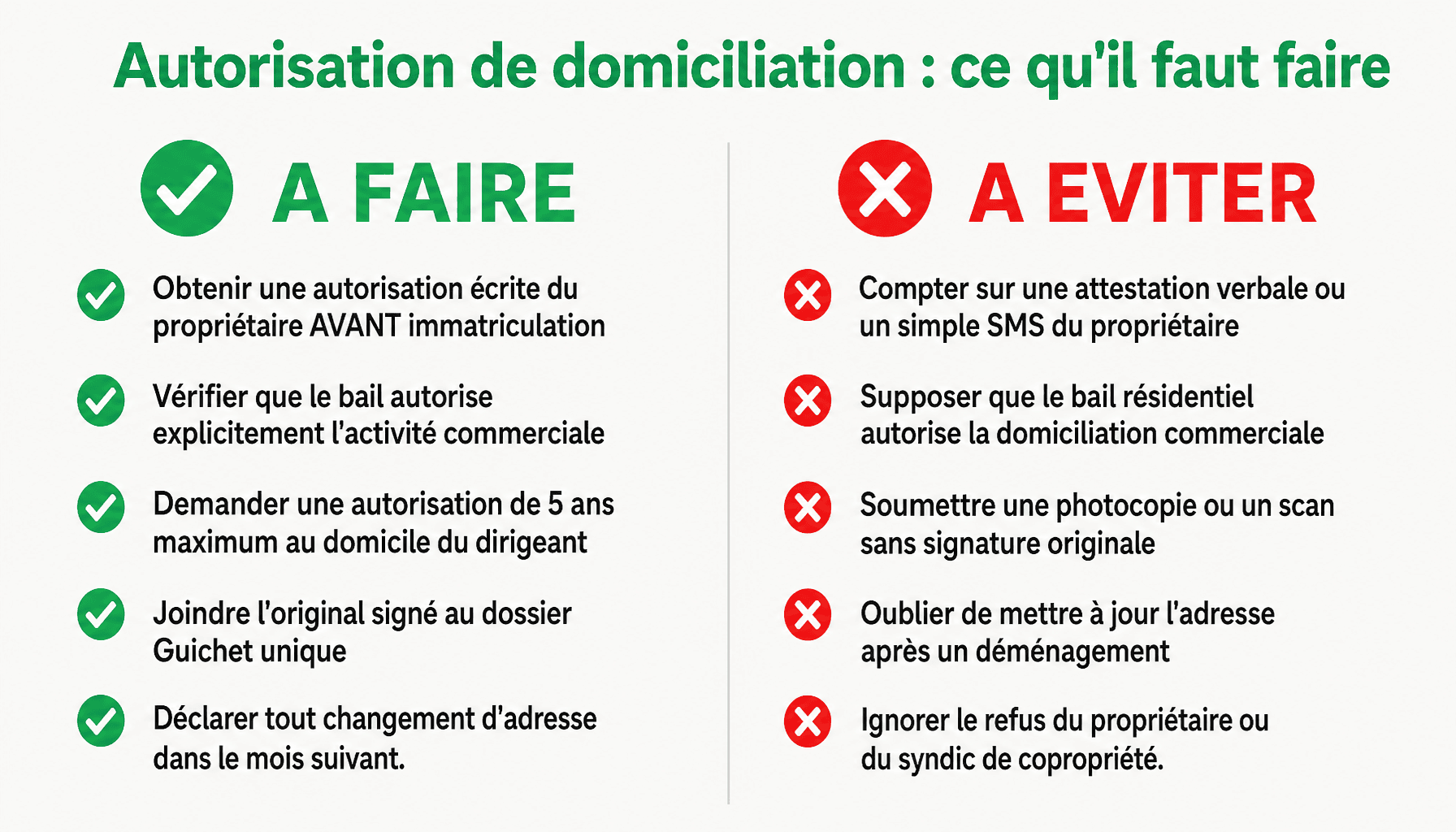 Infographie autorisation de domiciliation d'entreprise : bonnes et mauvaises pratiques pour éviter le rejet du dossier