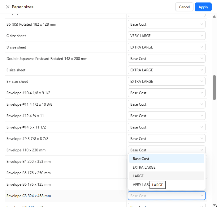 Assigning paper sizes to printing cost groups