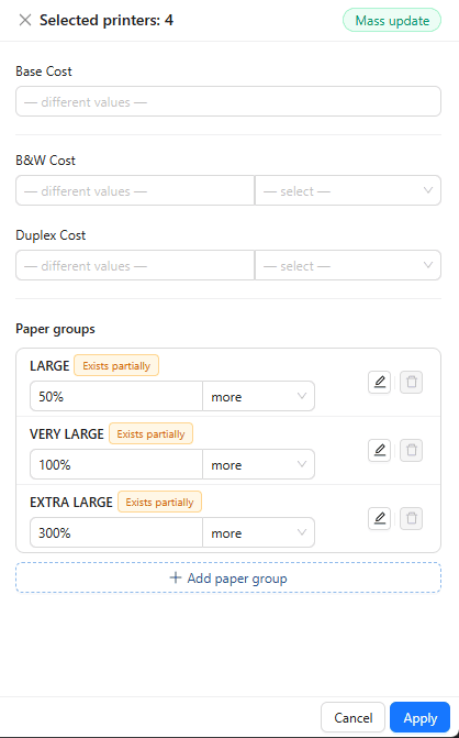 Editing printing costs for multiple printers