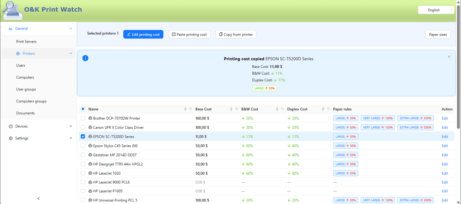 Printing cost table in the O&K Print Watch web interface