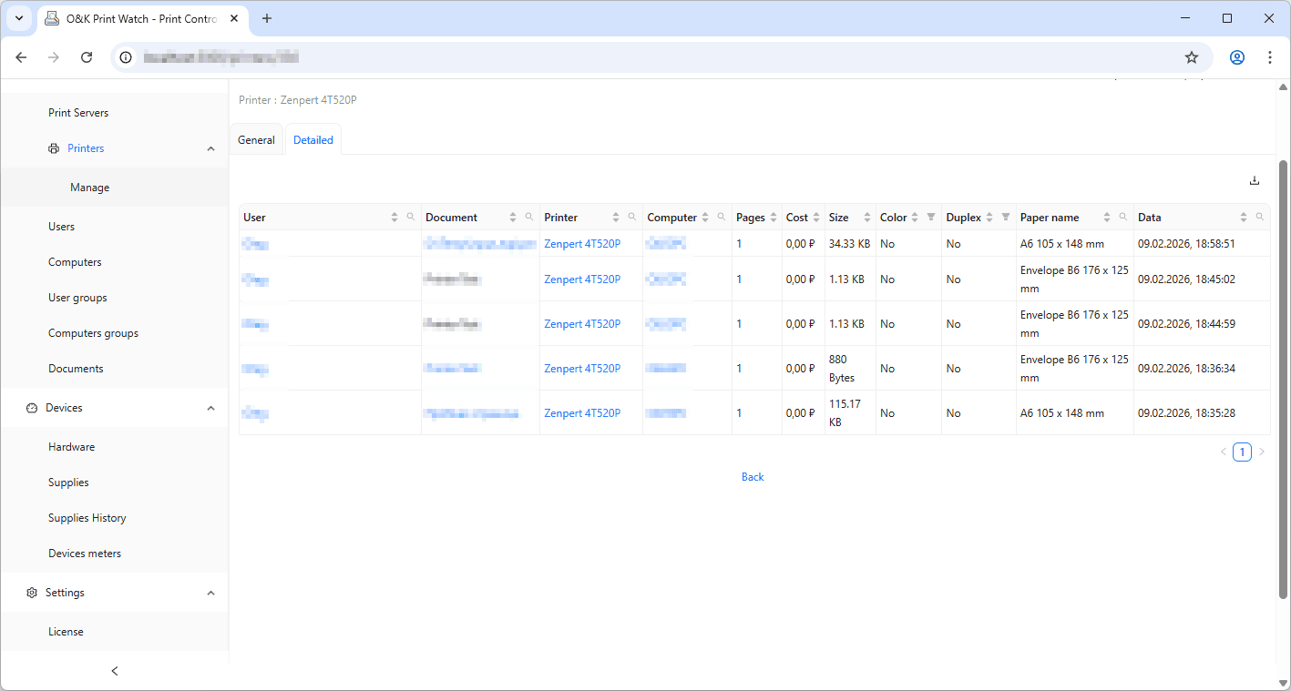 Detailed print history and print accounting in O&K Print Watch Linux